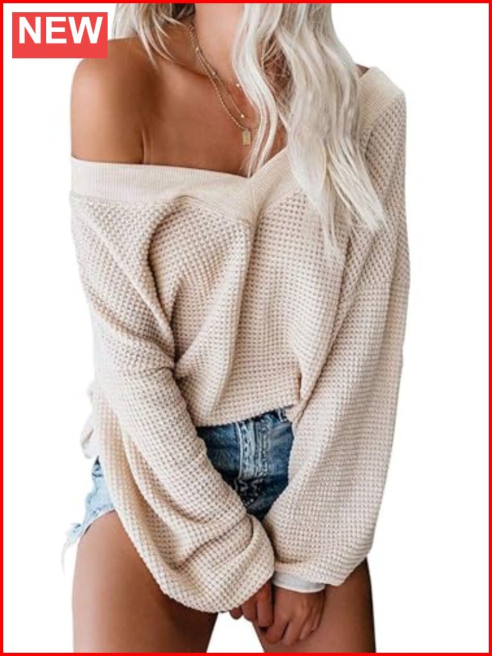 Oversized Off Shoulder Waffle Knit Sweater Top Bell Sleeves